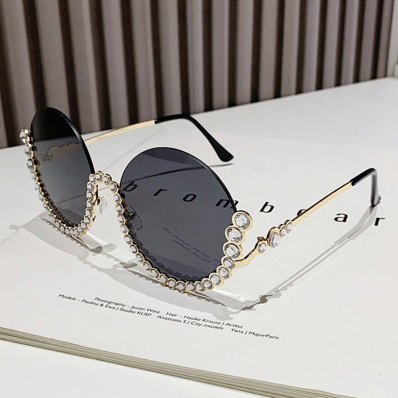 Fashion Metal Rhinestone Round Half Frame Sunglasses