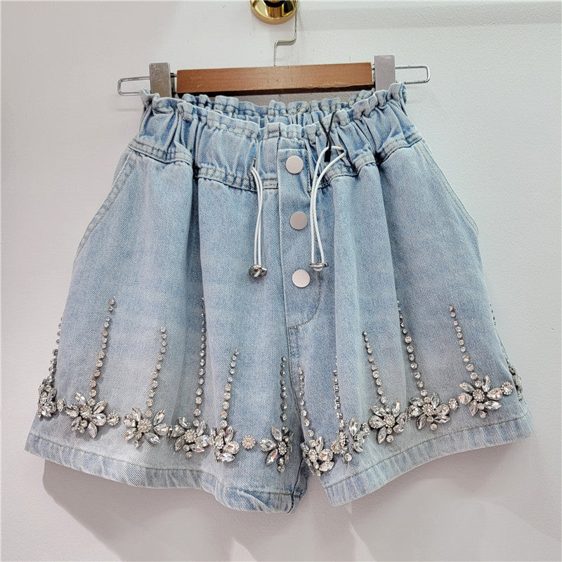 Pantalones cortos vaqueros de cintura alta con cuentas y diamantes de imitación para mujer