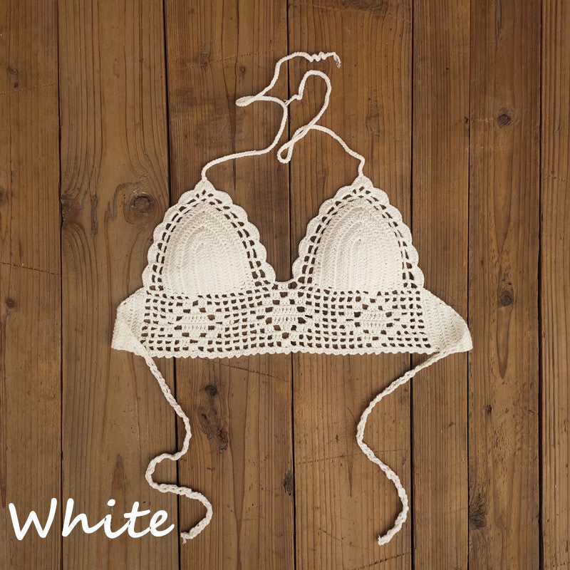 Top de bikini de crochet con cuello halter, sexy, de color liso para mujer