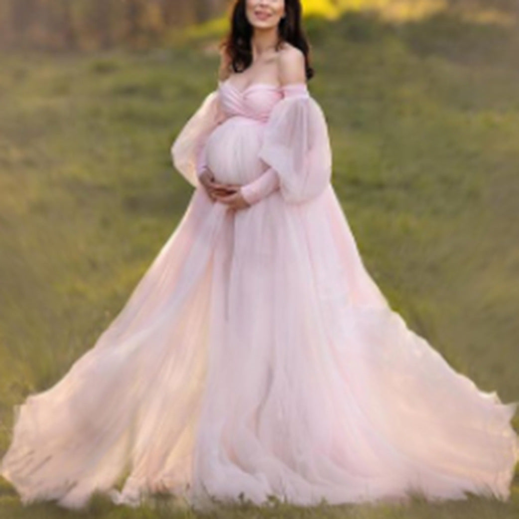 Vestido de malla con mangas abullonadas sexy a la moda para mujeres embarazadas