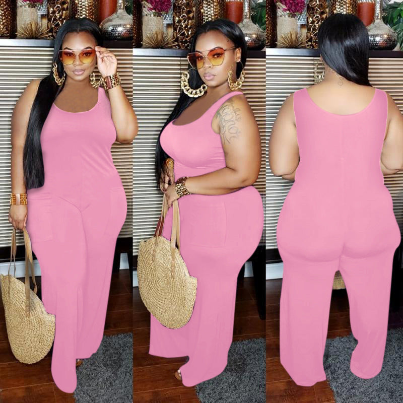 Women Plus Size Solid Color Sleeveless Jumpsuit