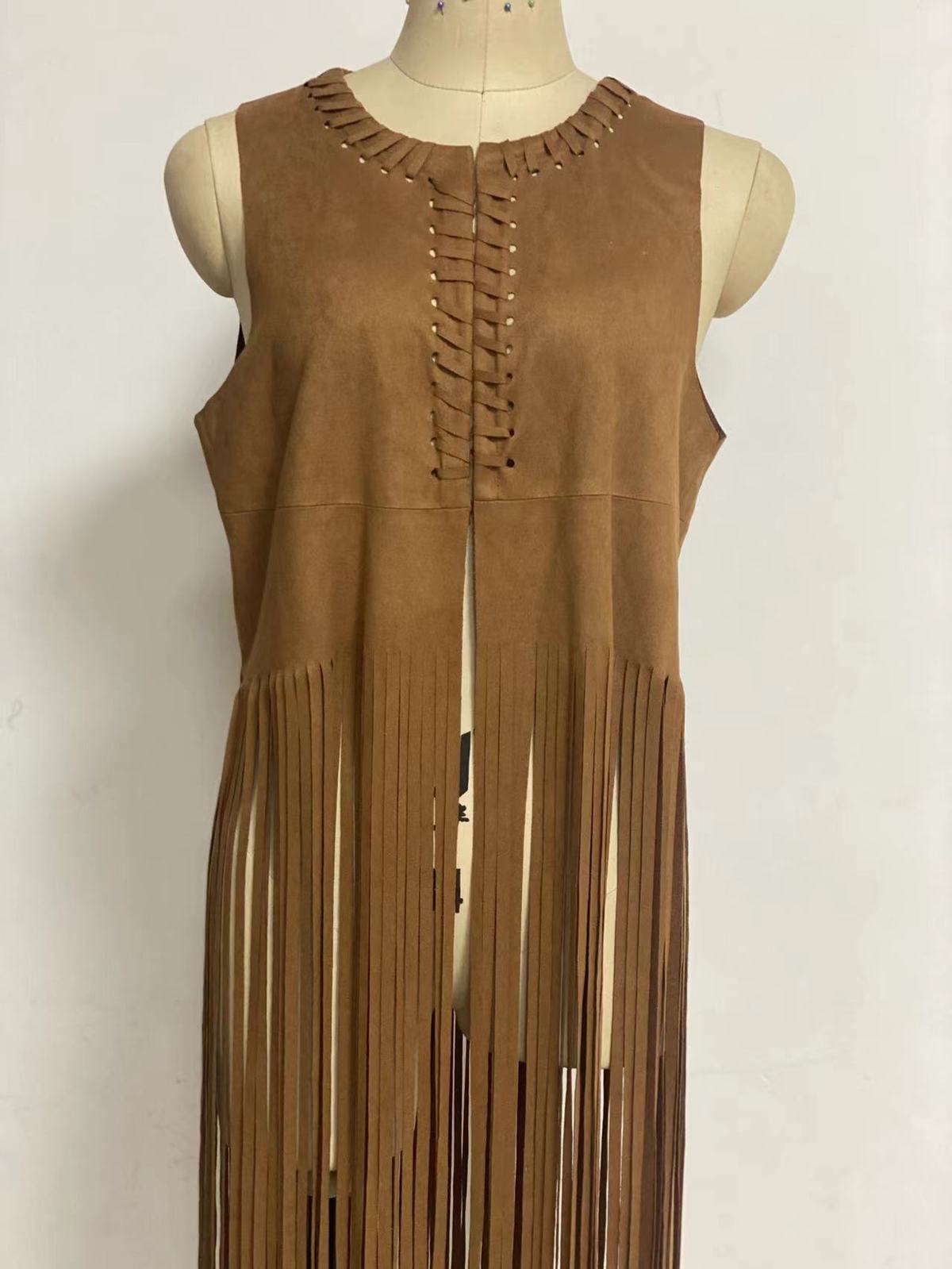 Women Casual Solid Color Suede Long Tassel Vest