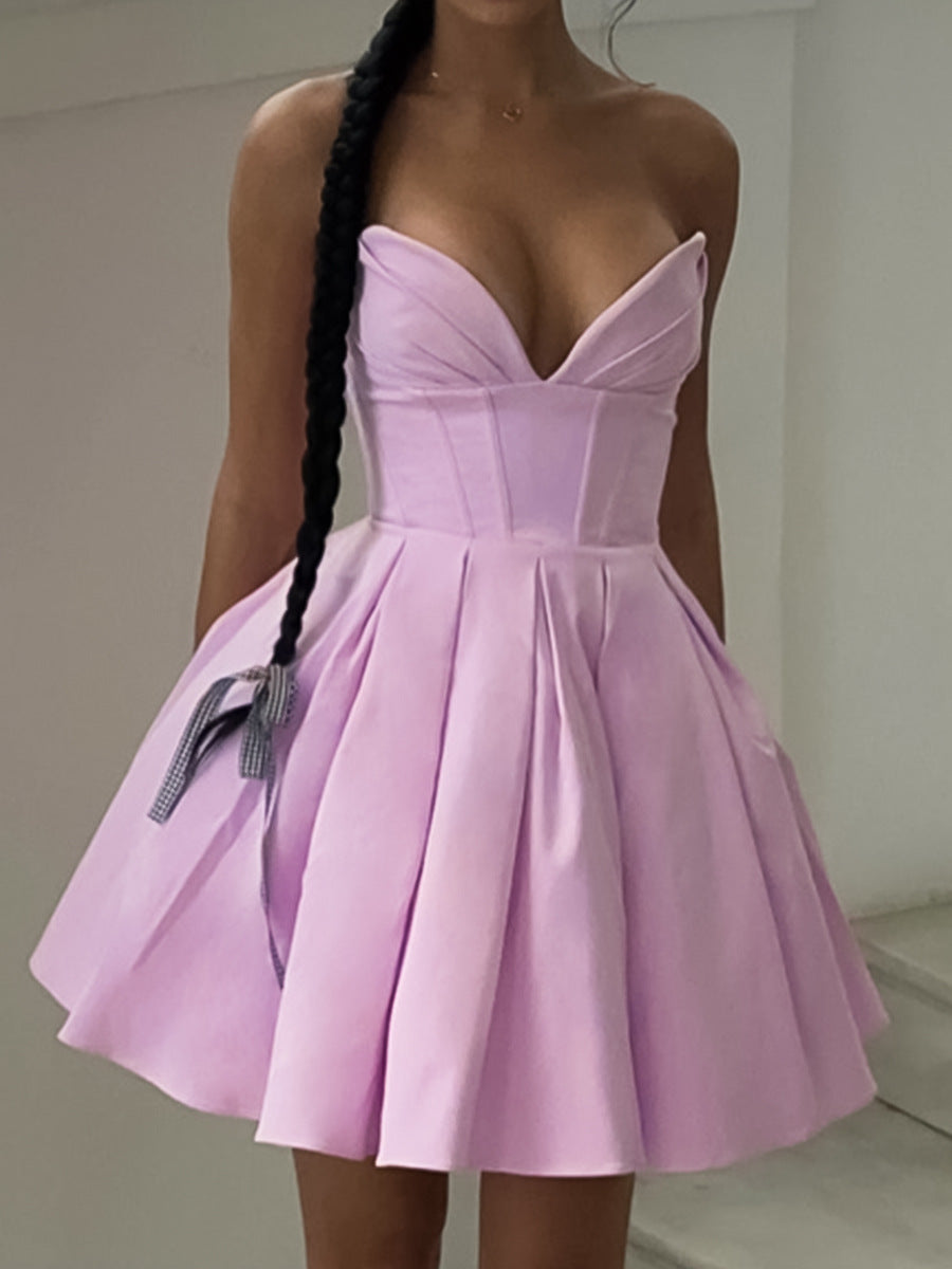 Vestido elegante de color liso sin tirantes y abullonado para mujer