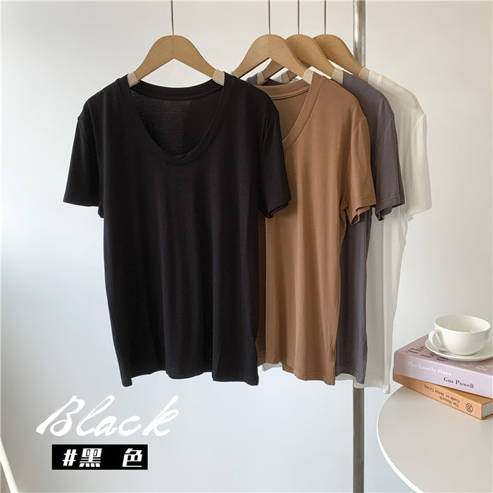 Camiseta informal de verano para mujer, color liso, con cuello en U y mangas abullonadas