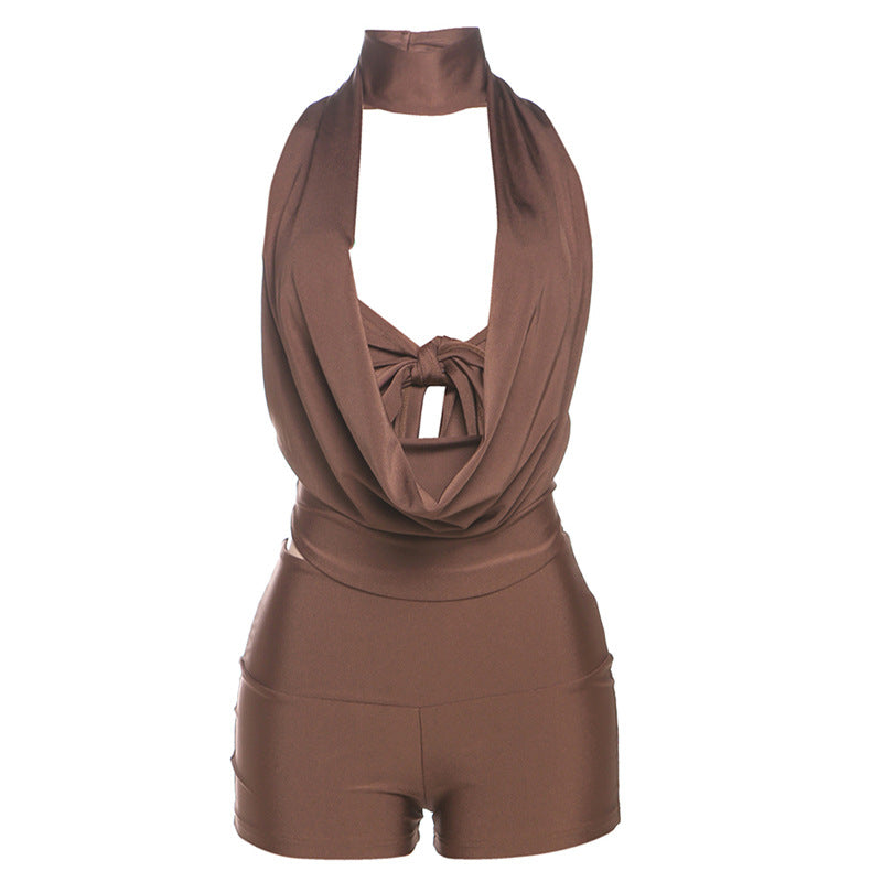 Conjunto de dos piezas de pantalones cortos con cuello en V profundo, espalda descubierta y escote halter, sexy, de color sólido, para mujer