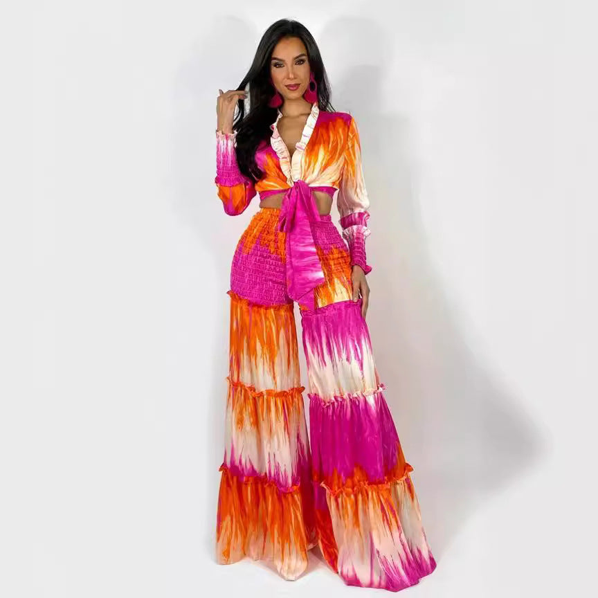Conjunto de top corto de manga larga con efecto tie-dye para mujer