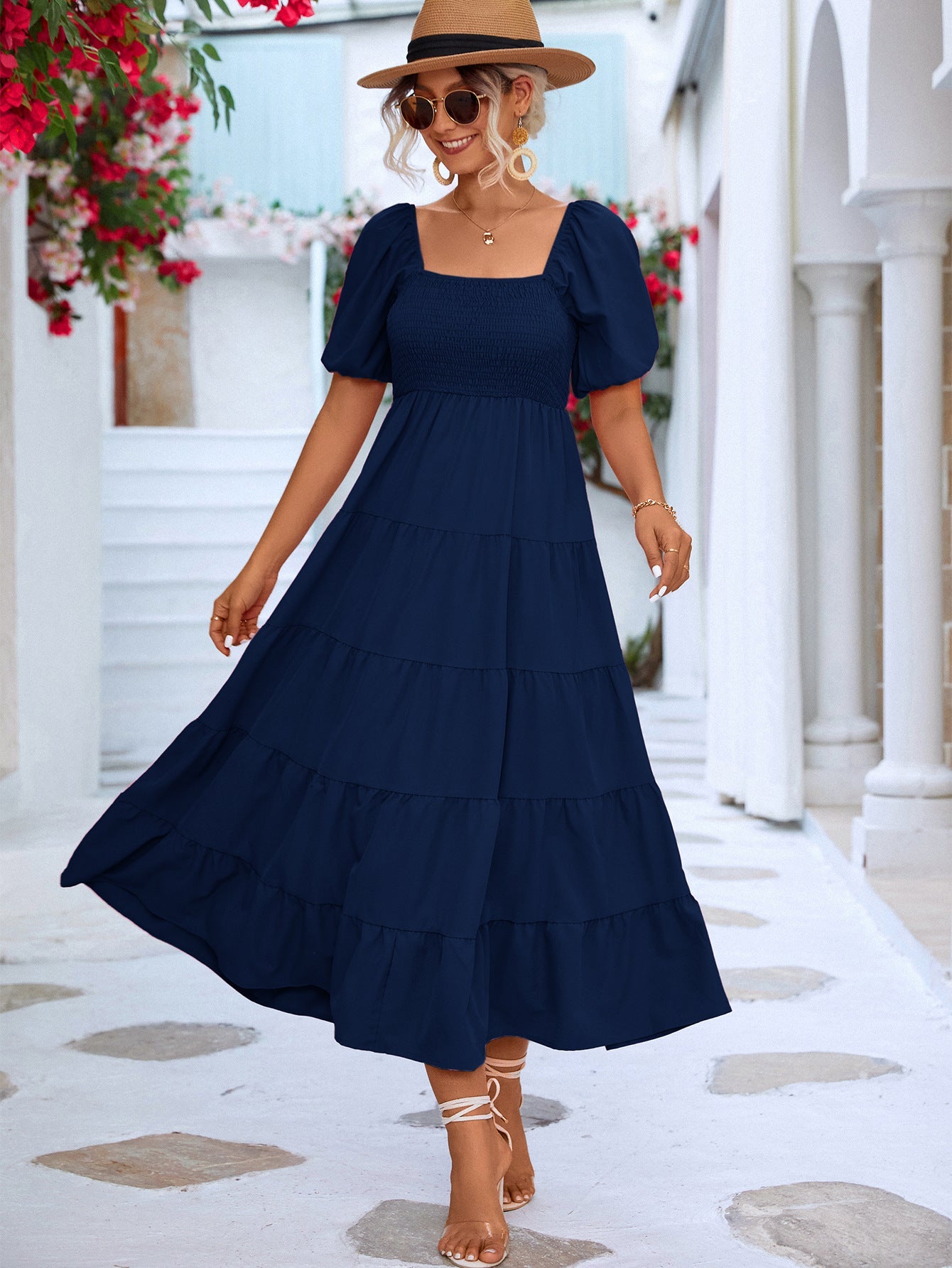 Women Casual Summer Vacation Boho Style Off-Shoulder Ruffled Maxi Dress
