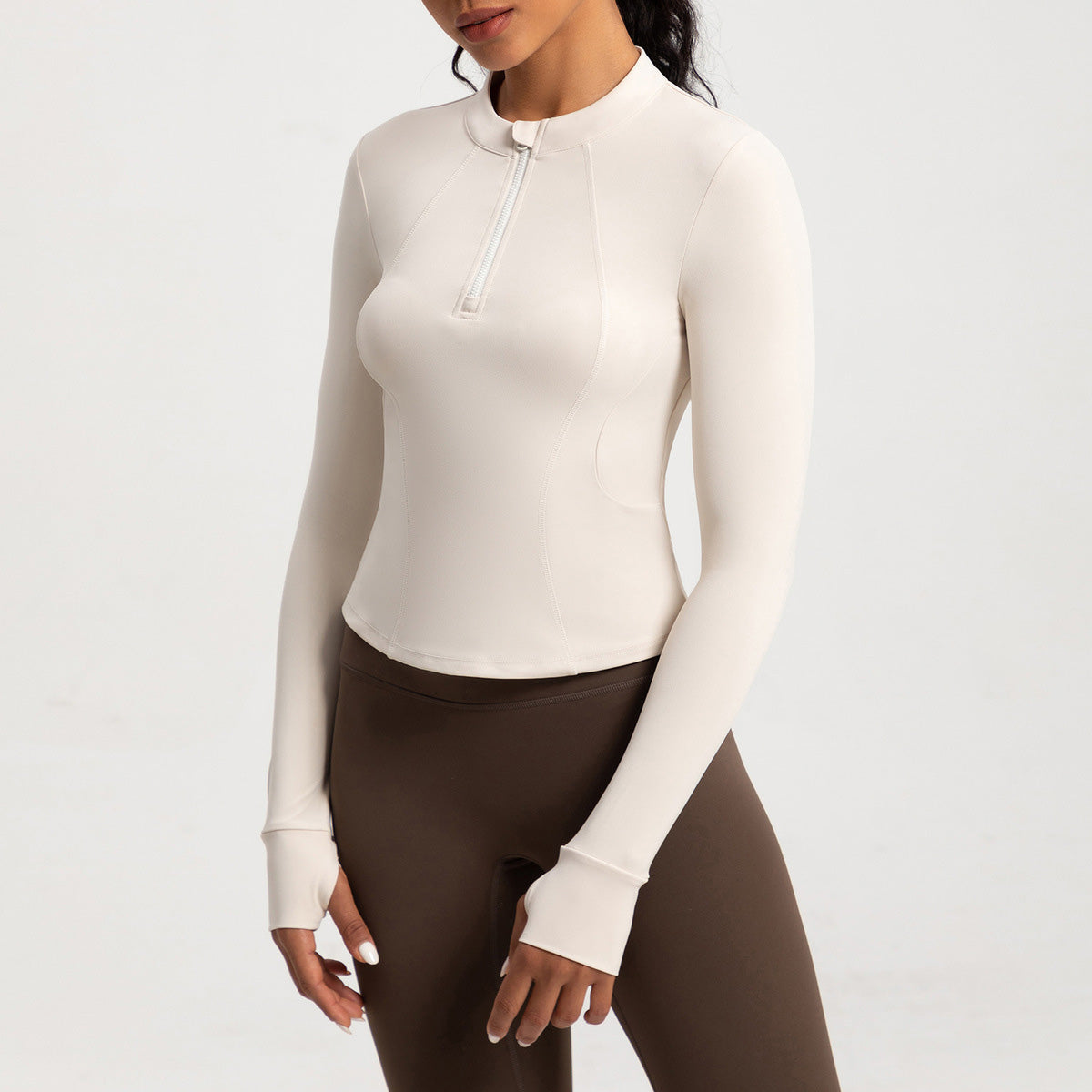 Women Fashion Solid Color Long Sleeve Half Zipper Yoga Top