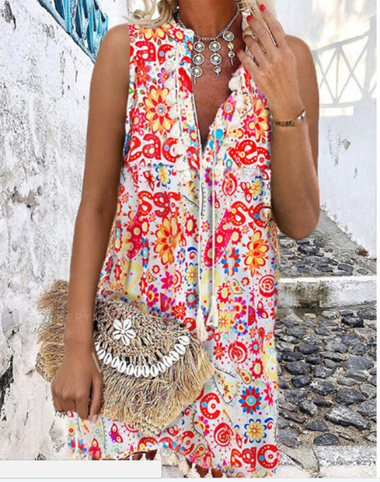 Women Bohemian Sleeveless Tassel Fashion V-Neck Dress