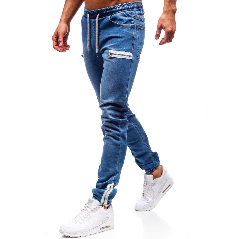 Pantalones casuales de mezclilla esmerilada con cremallera y cordón para hombre