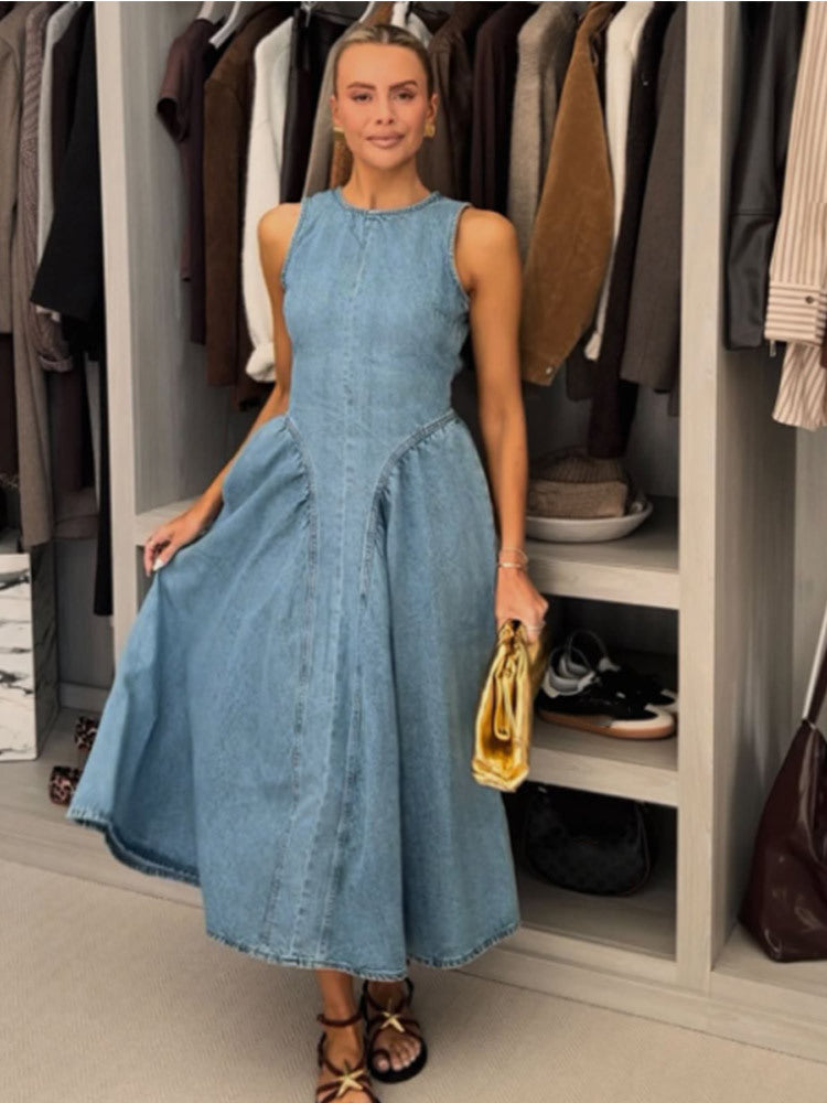 Women Fashion Sexy Solid Color Sleeveless Backless Denim Dress
