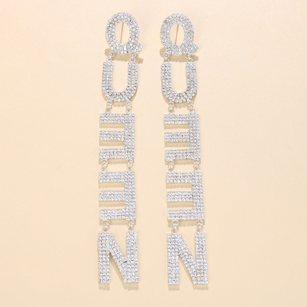 Women Fashion Exaggerated Long Zircon Queen Letter Earrings