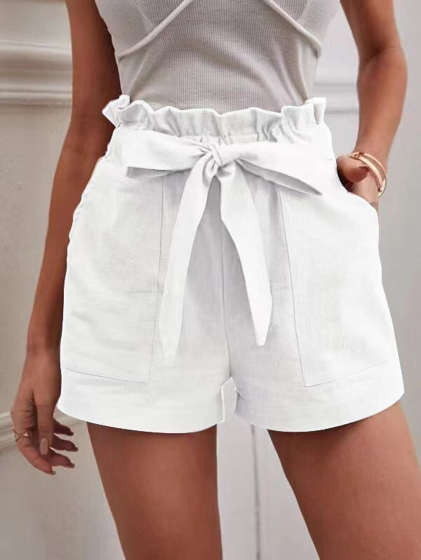 Women Casual Linen Solid Color Loose Pocket Shorts