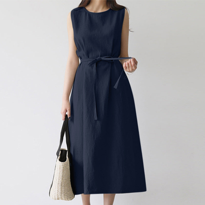 Women Casual Fashion Loose Bohemian Sleeveless Belt Round Neck Dress