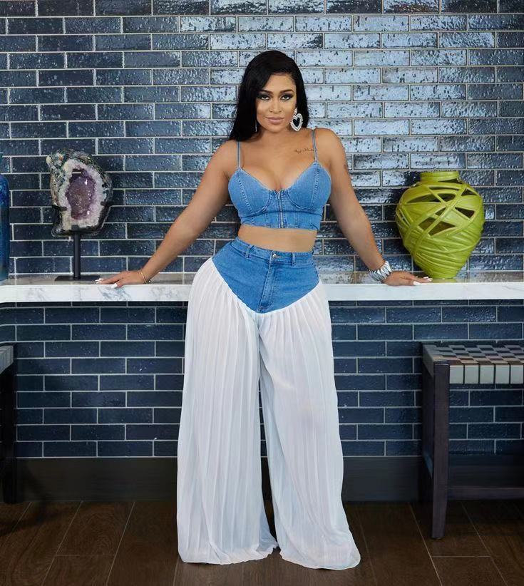 Women Fashion Sexy V-Neck Camisole Denim Chiffon Set