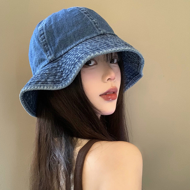 Women Fashion Wide Stripe Denim Bucket Hat in Blue Variants
