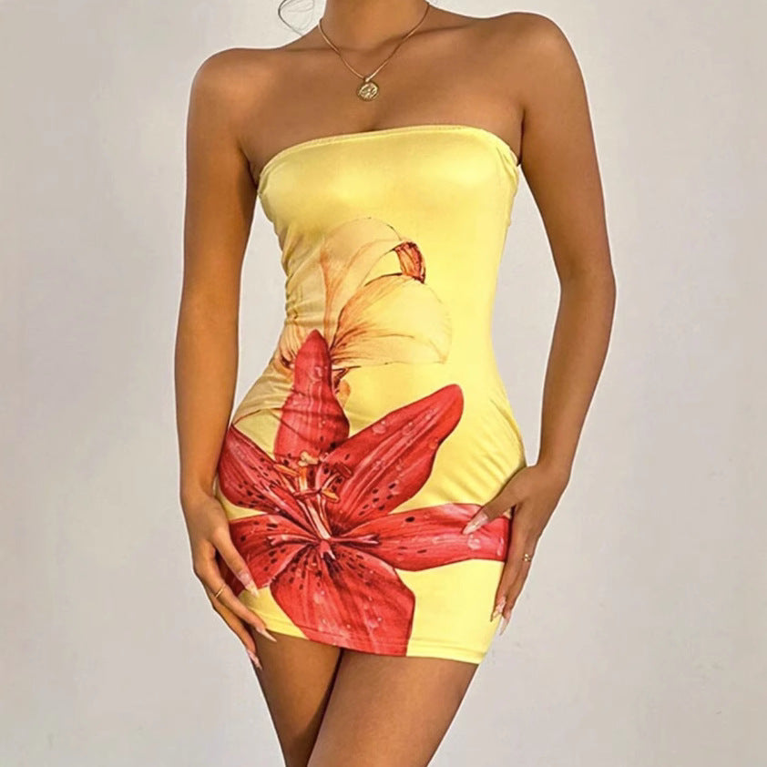 Women Fashion Sexy Flower Printed Tube Top Tight Dress