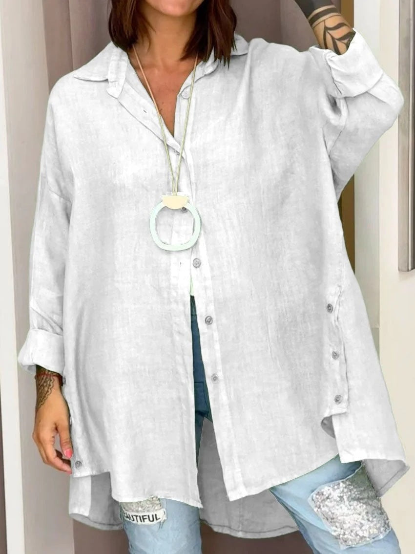 Camisa informal de lino y algodón de moda de verano para mujer