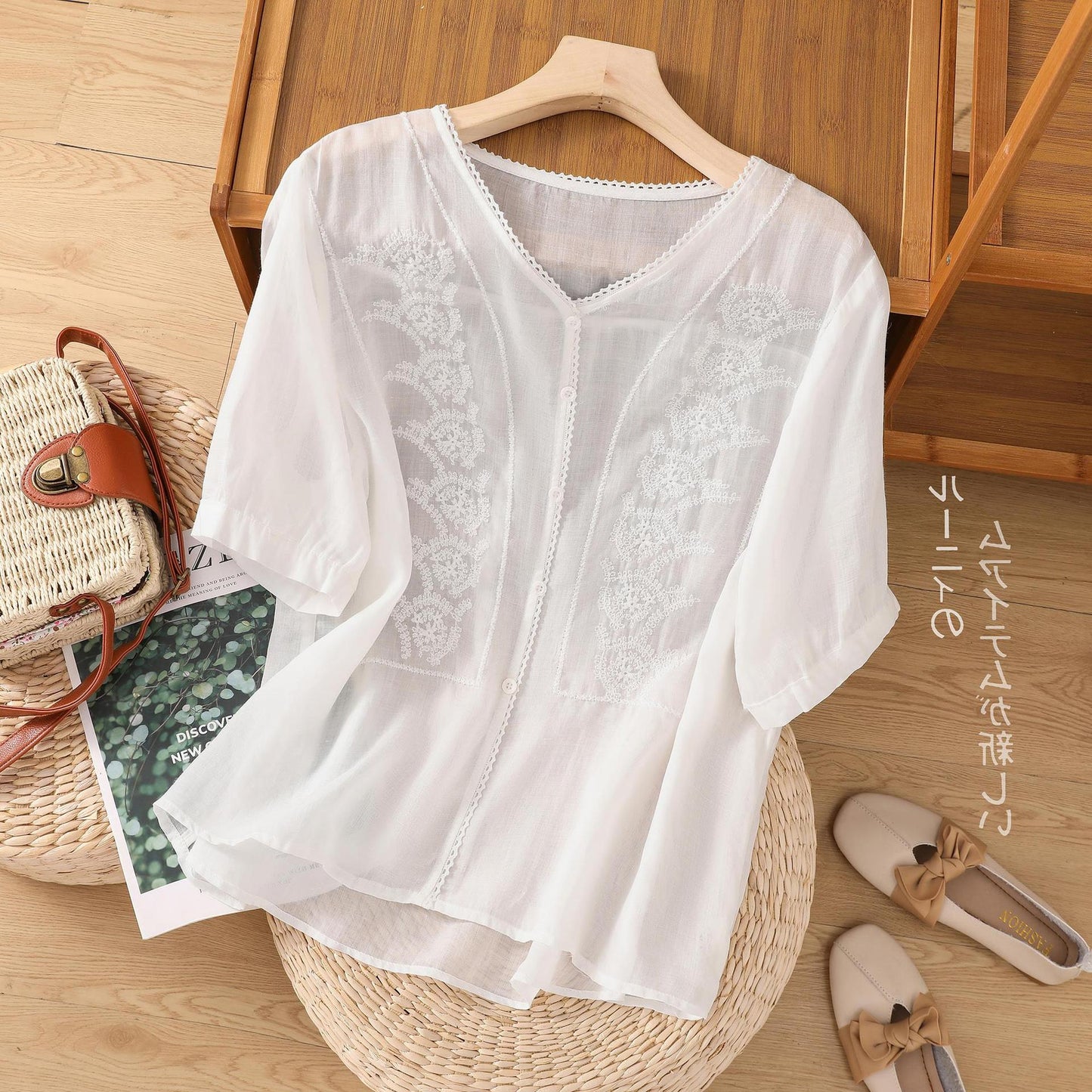 Top de manga corta con bordado de lino retro para mujer