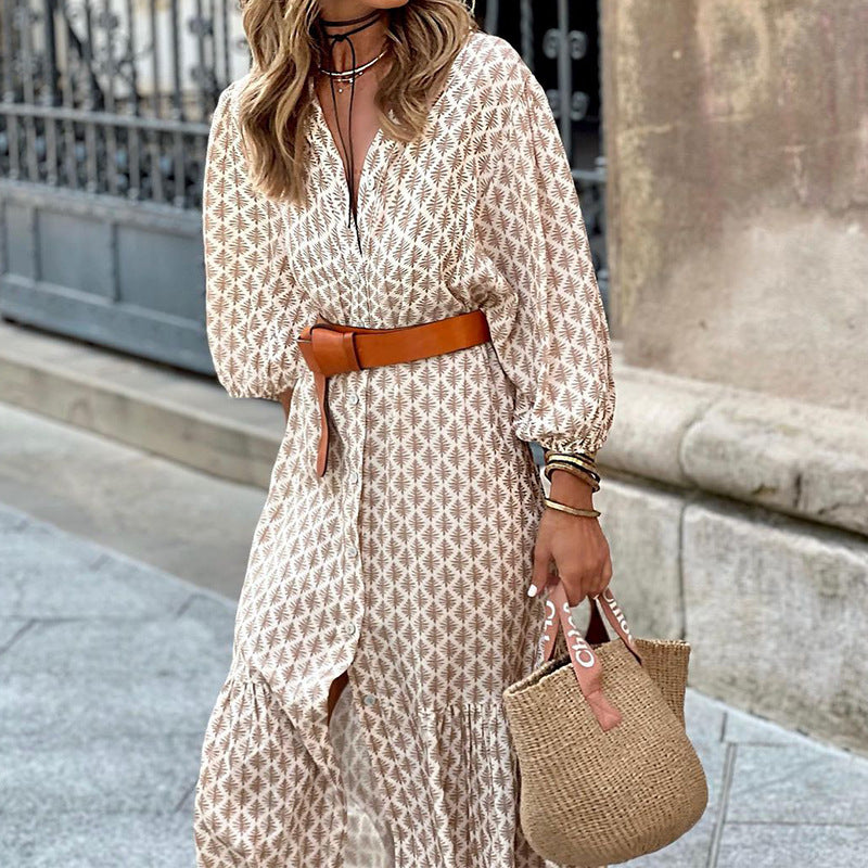 Robe ample décontractée imprimée à col en V et manches longues pour femme avec jupe trapèze