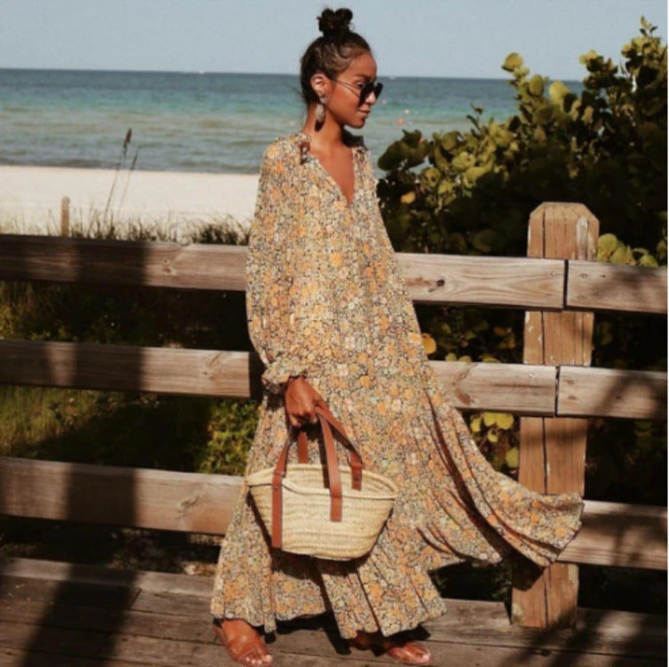 Vestido elegante bohemio con estampado de leopardo, hojas y cachemira floral vintage