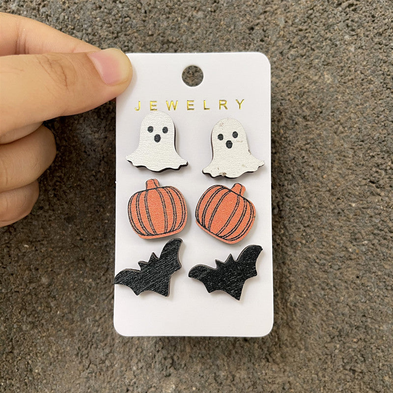Halloween Women Wooden Earrings Set with Pumpkins Bats Ghosts