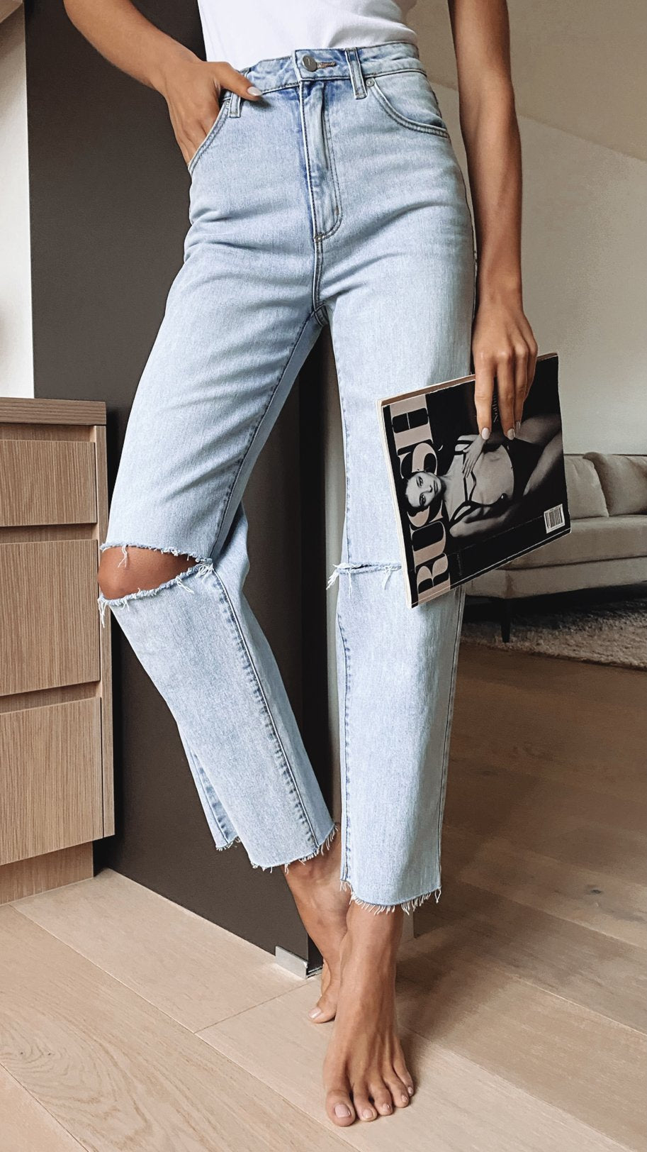 Women Fashion Casual Straight High Waist Ripped Jeans