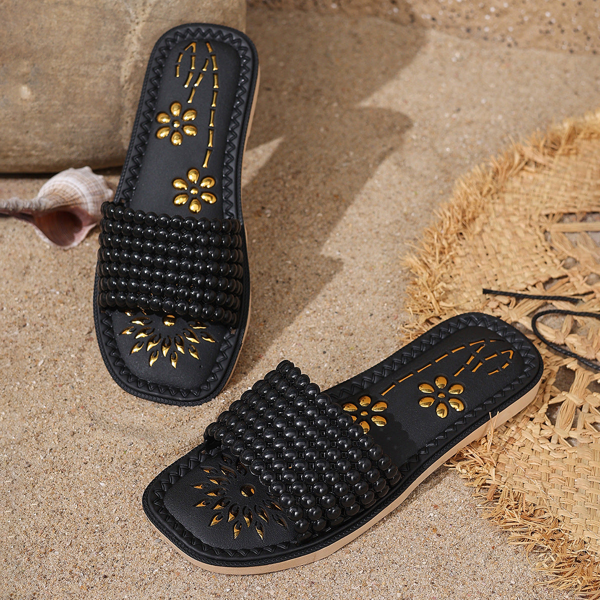 Chaussons plats creux tendance avec motif floral et tige en PVC