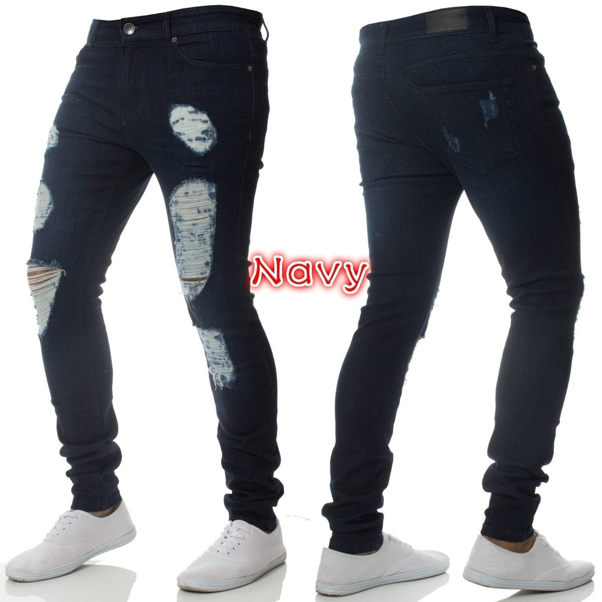Men Casual Basic Ripped Slim Fit High-Waisted Jeans
