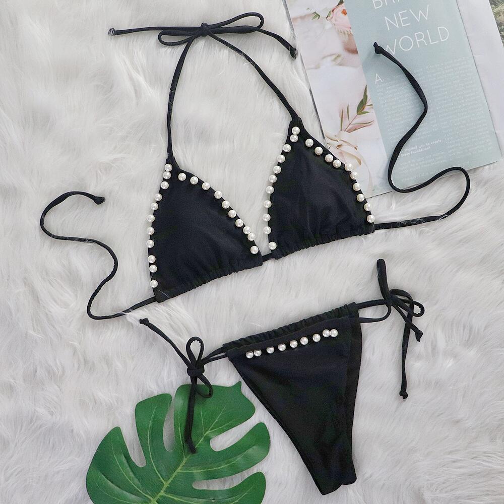 Bikini sexy con tirantes decorados con perlas para mujer