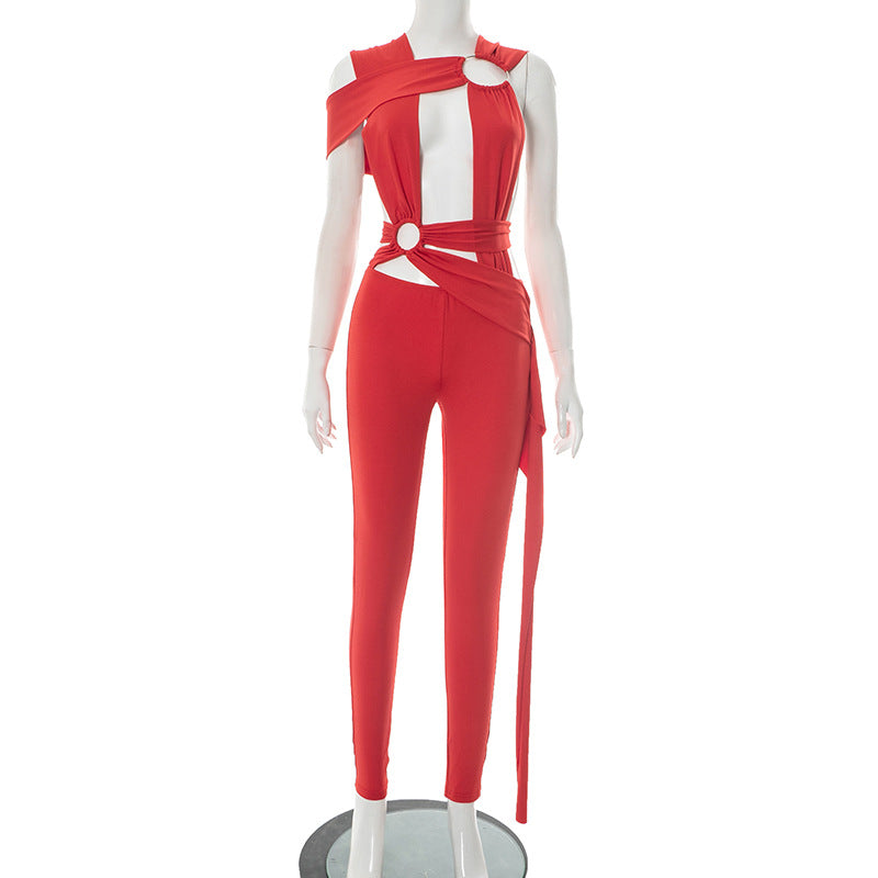 Women Sexy Irregular Strap Sleeveless Jumpsuit in Milk Silk