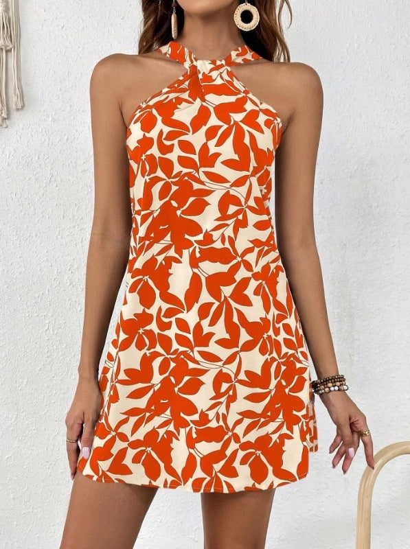 Robe de vacances sans manches imprimée à col tendance pour femme