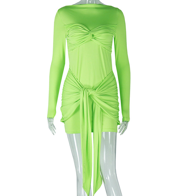 Vestido elegante de manga larga de color liso a la moda para mujer
