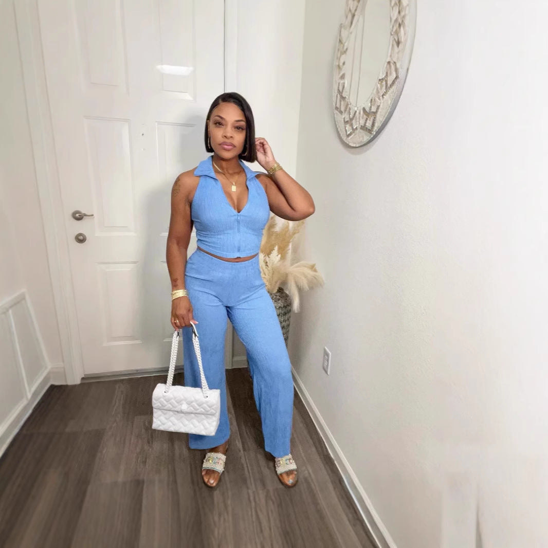 Women Fashion Casual Solid Color Sleeveless Top and Pants Set