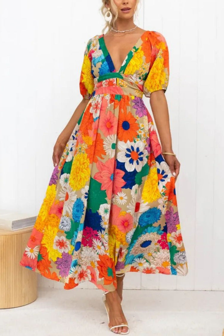 Women Casual Fashion Printed V-Neck Puff Sleeve Maxi Dress