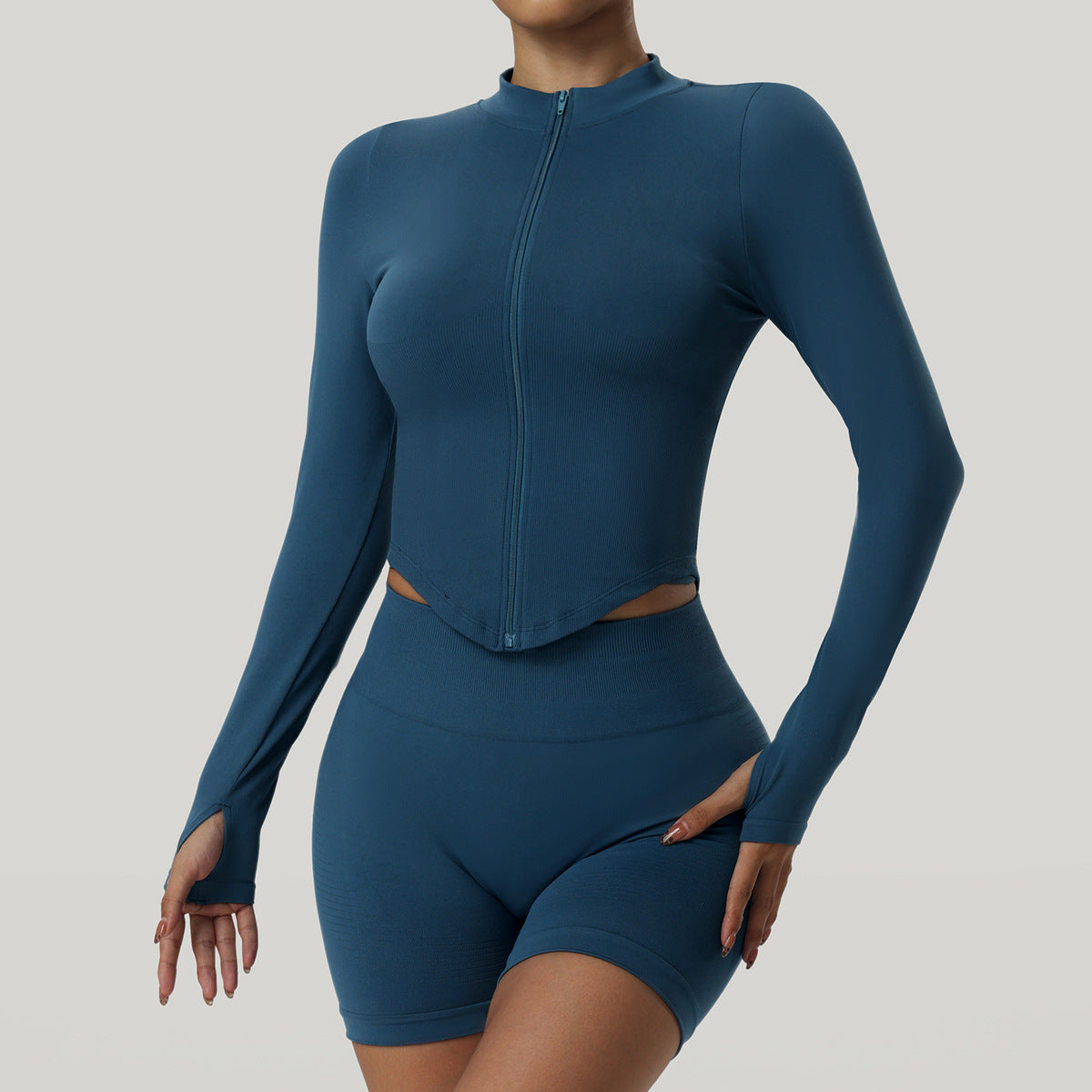 Top informal con cremallera y cuello vertical de color liso para mujer