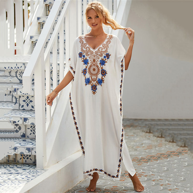 Women Fashion Casual Vacation Floral Embroidered Long Cover-Ups