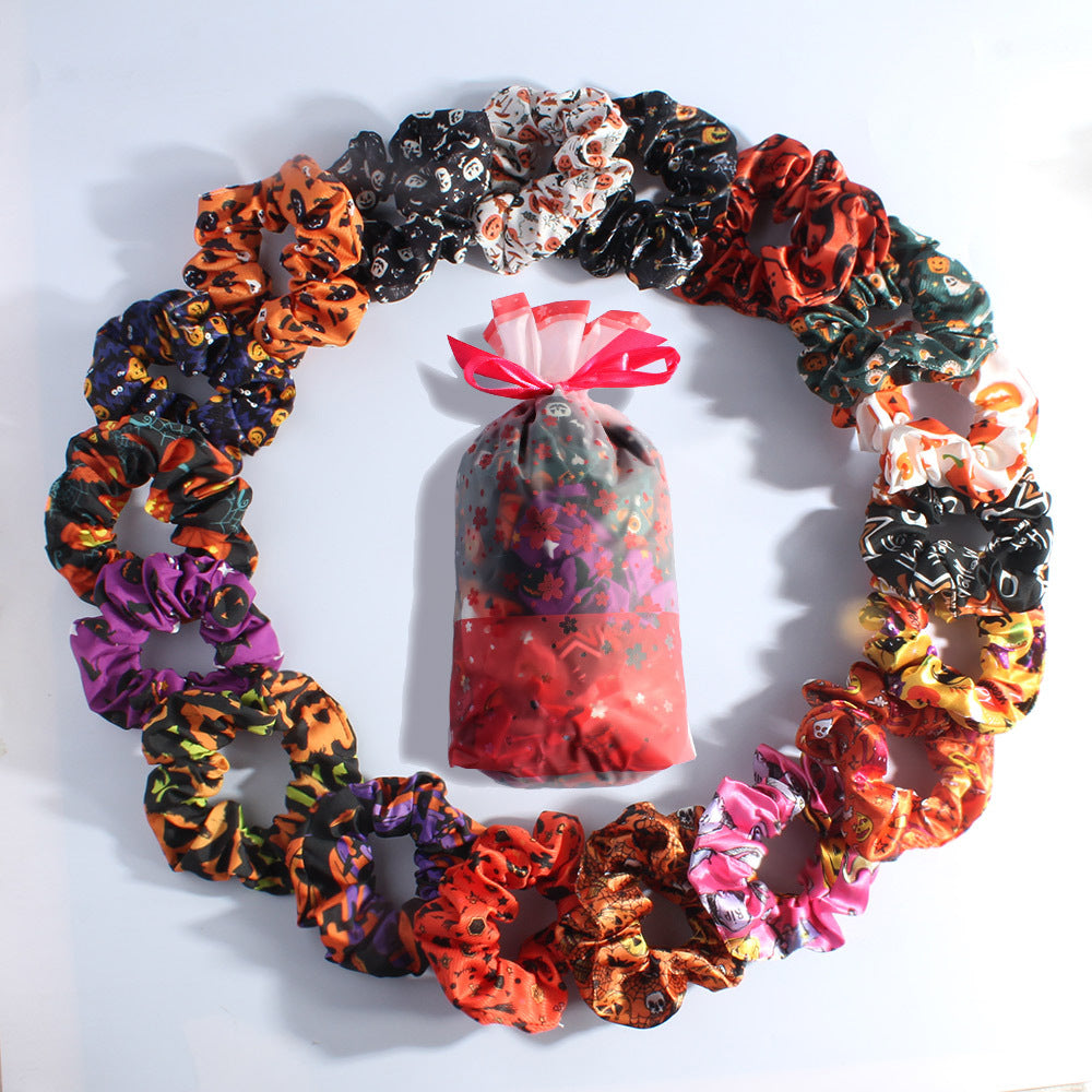 Halloween Series Pumpkin Skull Print Large Intestine Hair Ring 18pcs-Bag