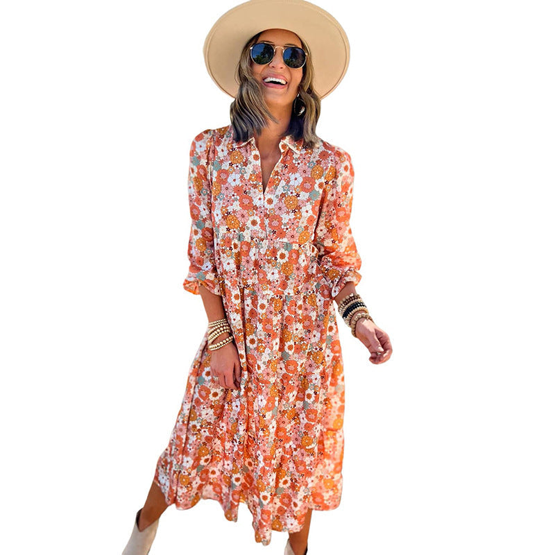 Robe mi-longue décontractée à manches longues et imprimé floral style bohème pour femme