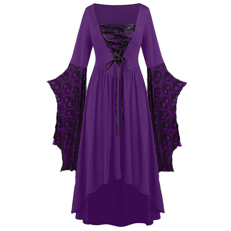 Plus Size Gothic Skull Lace Dress With Lotus Sleeves