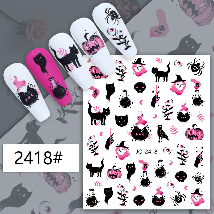 Autocollants pour ongles Halloween, motif crâne, citrouille, chat noir