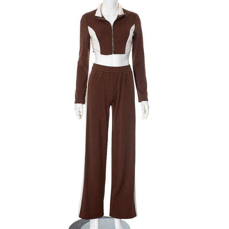 Ensemble manteau et pantalon décontractés à fermeture éclair et coutures contrastées pour femme