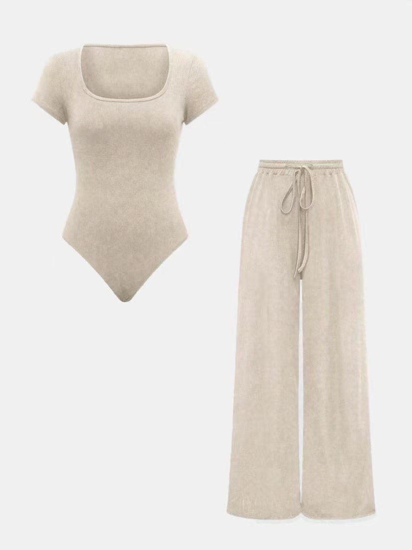 Ensemble pantalon et body côtelé de couleur unie pour femme
