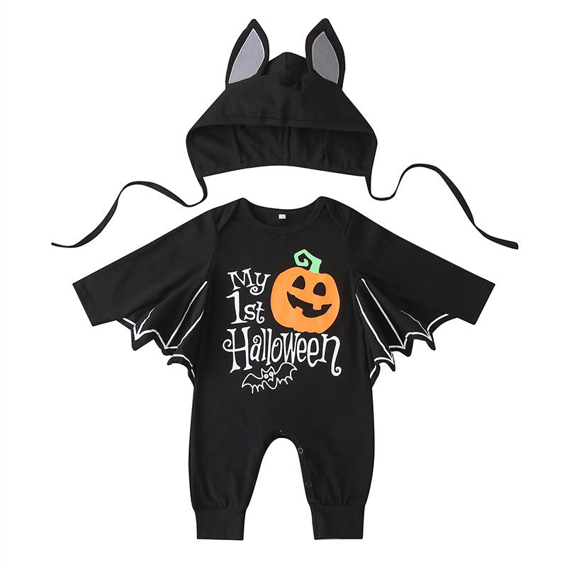 Halloween Baby Bat Sleeve Cotton Romper and Hat Set