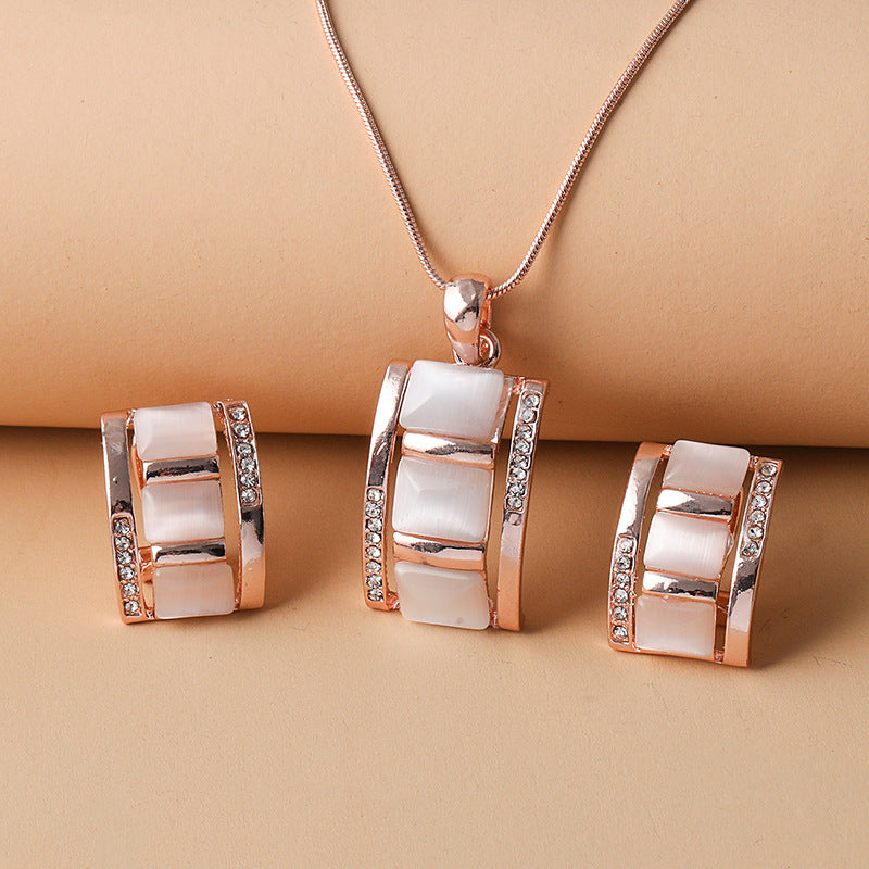 Women Fashion Long Square Cat Eye Necklace Earrings Set Alloy Trendy Jewelry