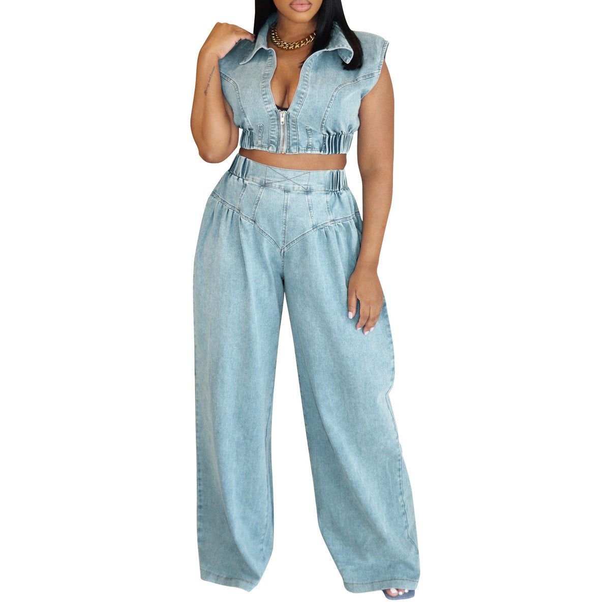 Women Fashion Top And Pants Denim Two-Piece Set