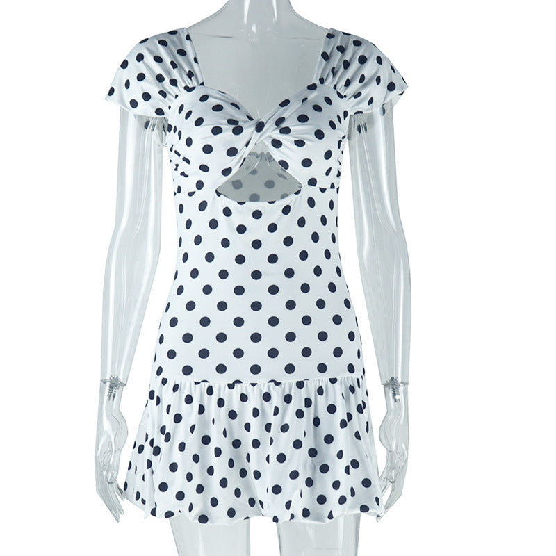 Women Fashion Polo Dot Printing Hollow Out-Shoulder Dress