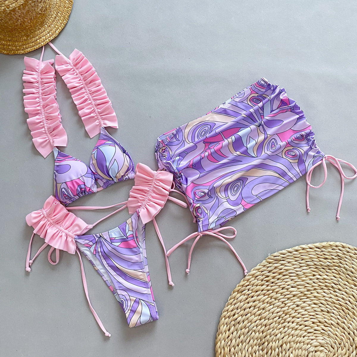 Conjunto de tres piezas para mujer, traje de baño con volantes para vacaciones de verano