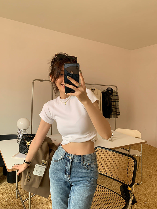 Summer Women Simple Basic Solid Color Round Neck Blank T-Shirt