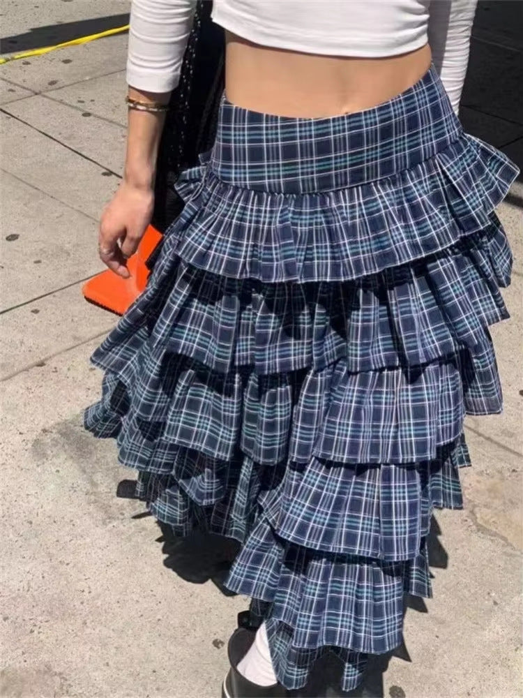 Women Fashion Retro Blue Plaid Multi-Layer Ruffled Skirt